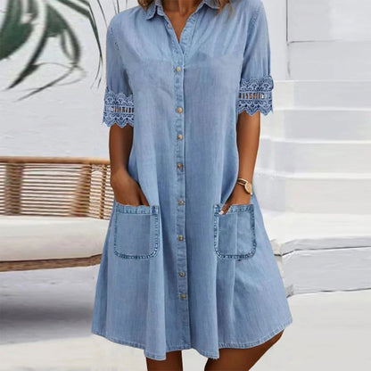 🎁Rajoitettu aika -50% ALENNUS⏳Sininen Yksivärinen Kauluspuseron Pitsireunuksinen Denim Minimekko
