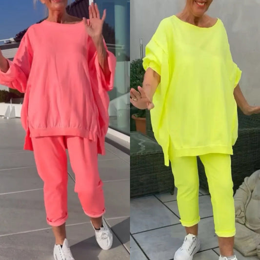 💕Pyöreä kaula-aukko halkio Fluoresoiva väri vapaa-ajan puku naisille