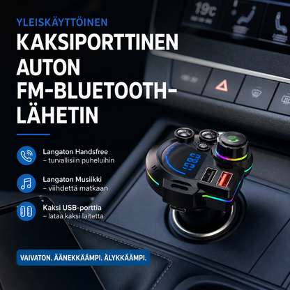 📻 NYT 50 % ALENNUS! 🚗 Yleiskäyttöinen kaksiporttinen auton FM-Bluetooth-lähetin – langaton musiikin toisto, handsfree-puhelut ja kaksi USB-latausporttia 🔌