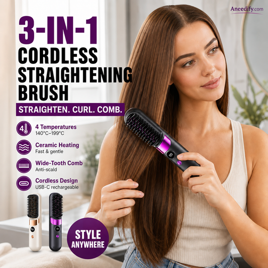 💇‍♀️🔥 3-in-1 Langaton Hiustensuoristusharja – Suorista, Kiharru & Selvitä – USB-C Ladattava, 4 Lämpöasetusta – Täydellinen Hiustyyli Missä Tahansa! ✨
