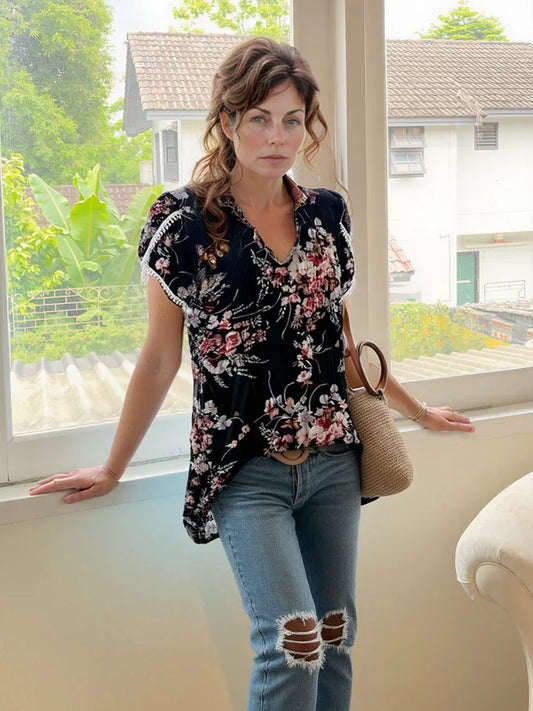🌷Kesän kuuma ale -50%🍃💖 Naisten söpöt reunuksilla varustetut lyhythihaiset painetut toppailut