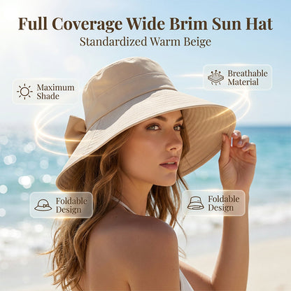 👒 MÄÄRÄAIKAINEN -50 % TARJOUS! ✨ Naisten rusettikoristeinen leveälierinen aurinkohattu – Taitettava, 360° suoja 🎀