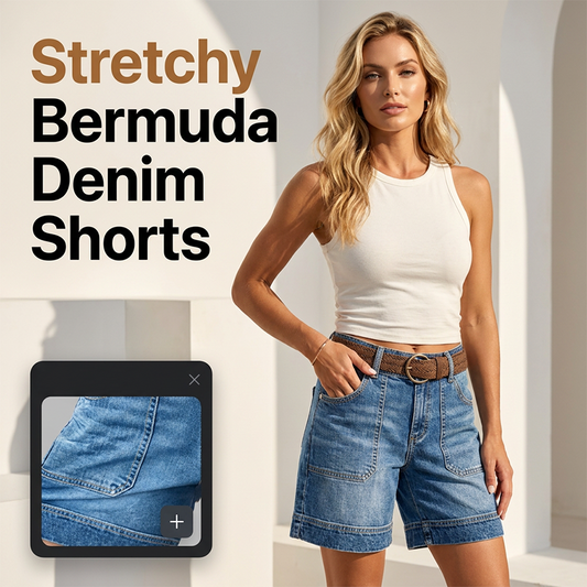Naisten keski vyötärön Bermuda-denimshortsit taskuilla