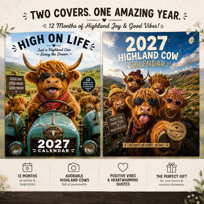 2027 Hauska Highland-lehmä -seinäkalenteri | A4-kokoinen seinäkalenteri | Suunnittelija: Isabel Kline