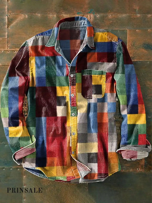 Unisex Yksinkertainen sateenkaaren väri ruudullinen Vintage painettu läppä pitkähihainen taskussa paita